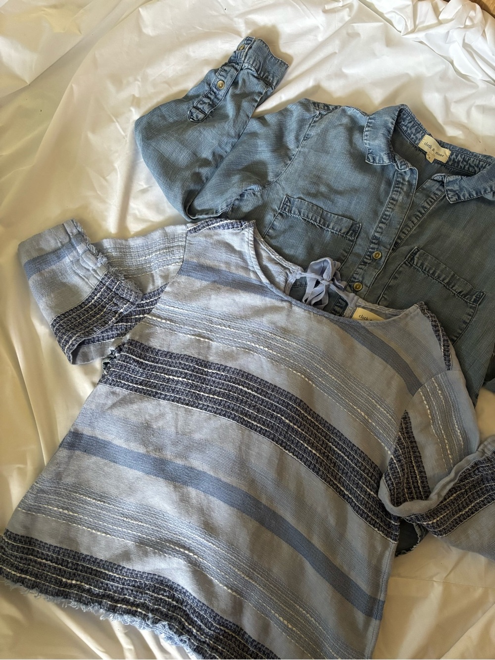 Cloth & Stone Bundle- Light Blue Button-Down & Striped Tunic Top | Small